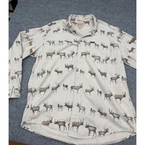 Woolrich Mens 2XL Flannel Shirt Beige Cotton Wildlife Elk Deer Print Long Sleeve